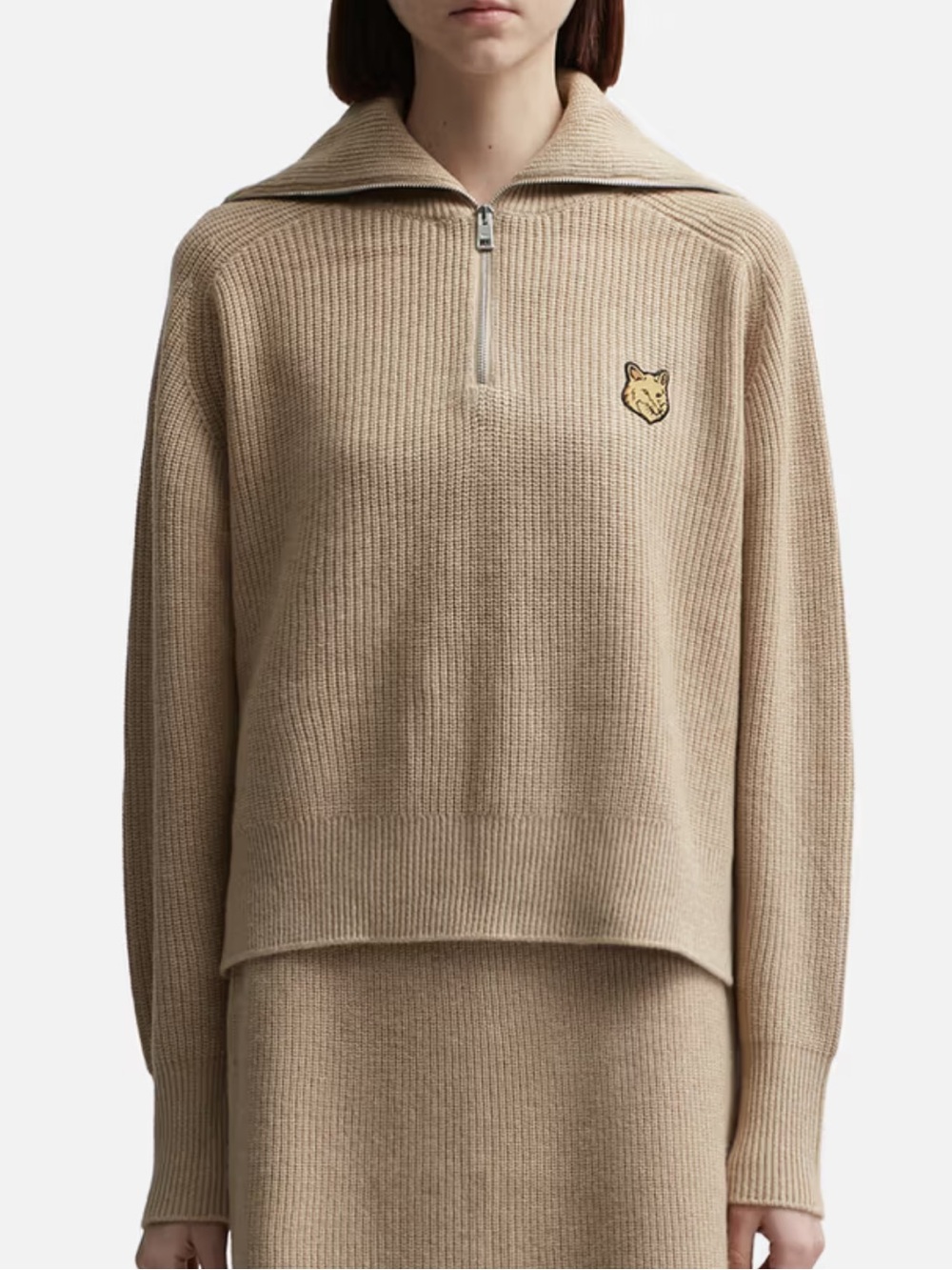 MAISON KITSUNE Cropped Half-Zip Turtleneck Sweater in Camel